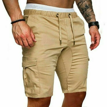 P&E Men Multi Pocket High Waist Zipper Plain Tie Cropped Cargo Shorts 